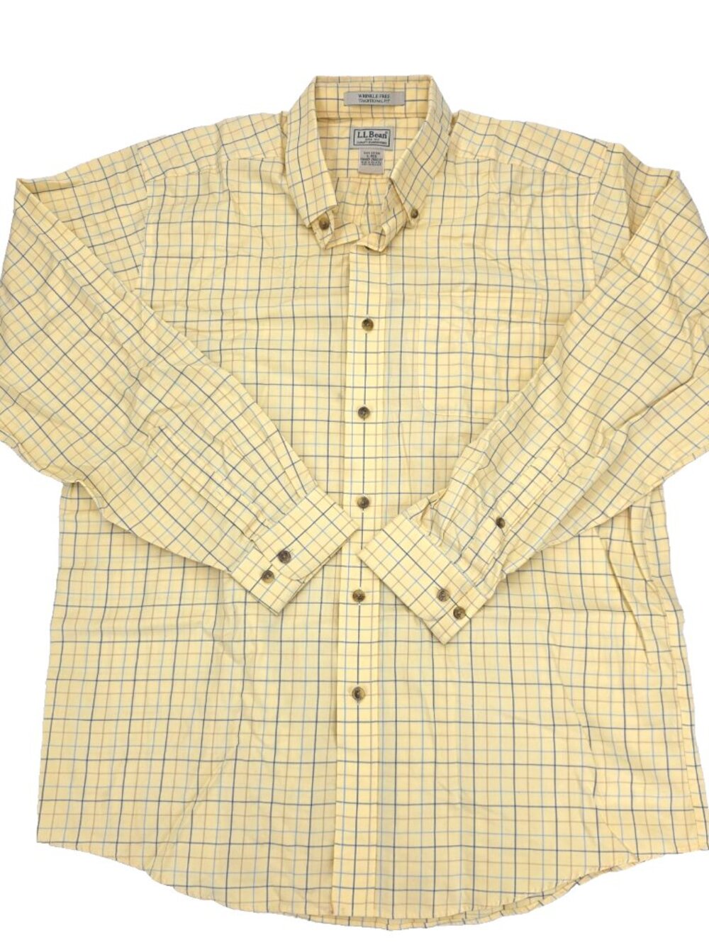 LL Bean Button Shirt Mens Large Yellow Traditional Fit Tattersall Plaid Cotton